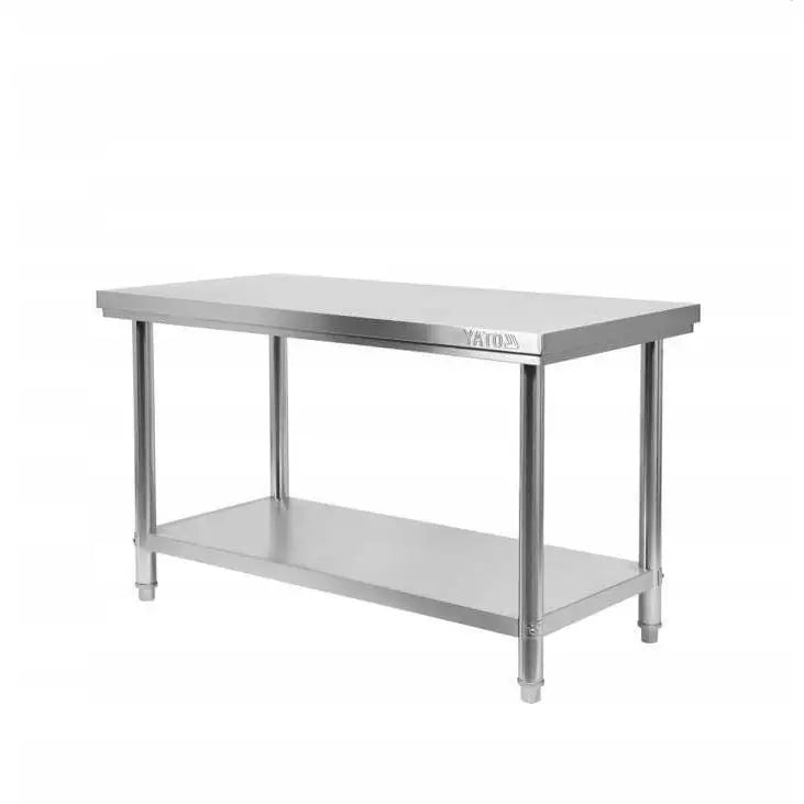 Sammenleggbar sentralbord i rustfritt stål, skråvisning med underhylle og minimalistisk design.