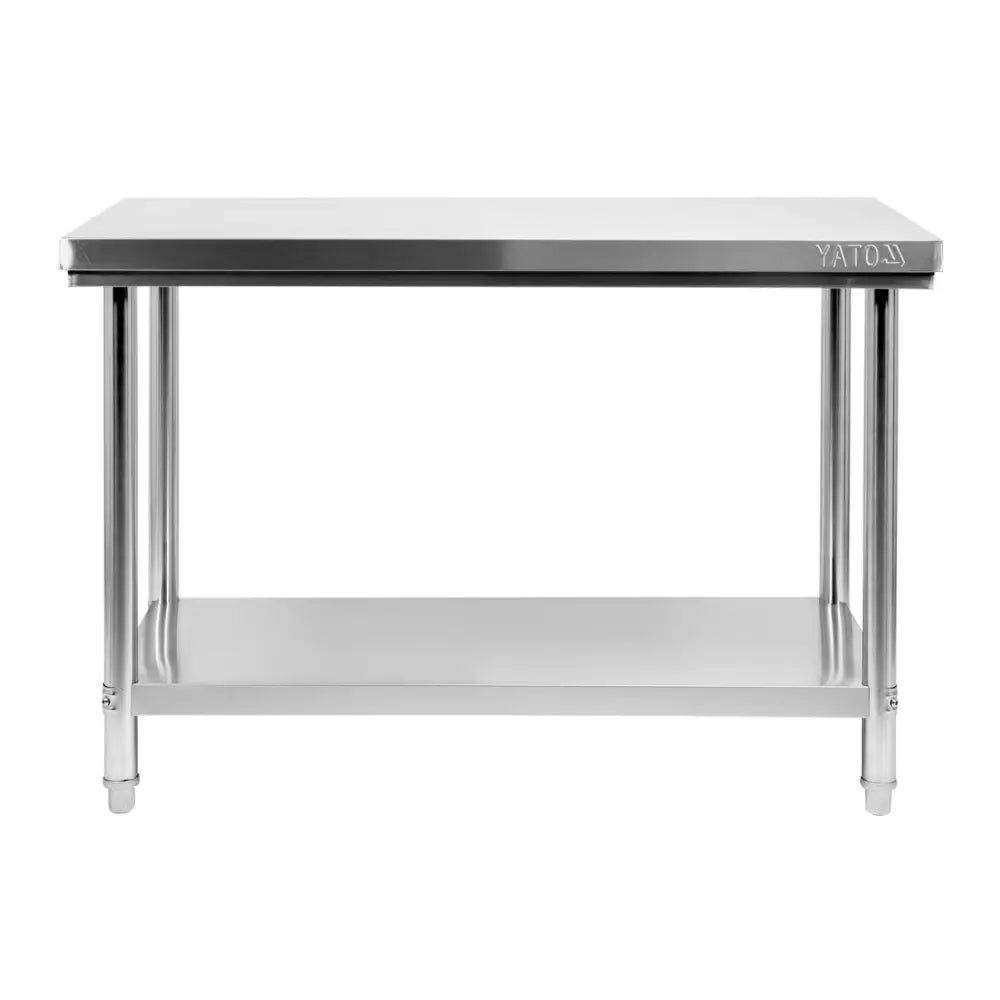 Sammenleggbar sentralbord med blank stålflate, rett forfra, viser robust underhylle og diskret logo.