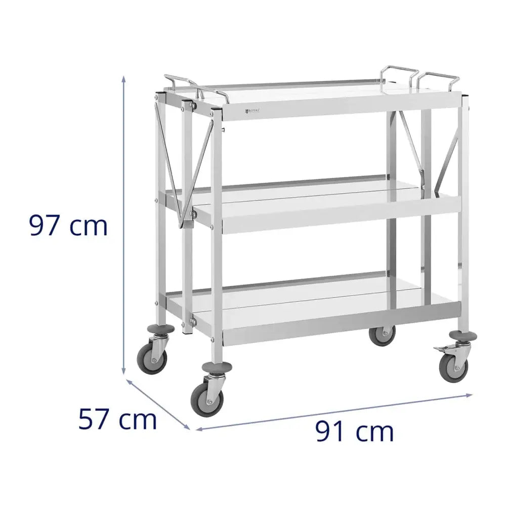 Sammenleggbar servitørvogn i rustfritt stål, tre hyller, sett forfra med mål og fire hjul synlig.