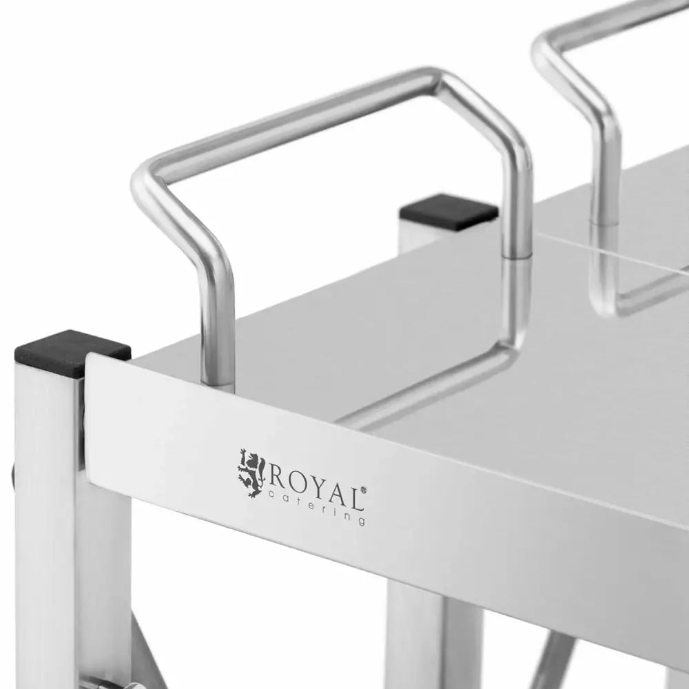 Sammenleggbar servitørvogn i rustfritt stål, sidevisning av stativ med håndtak og Royal Catering-logo.