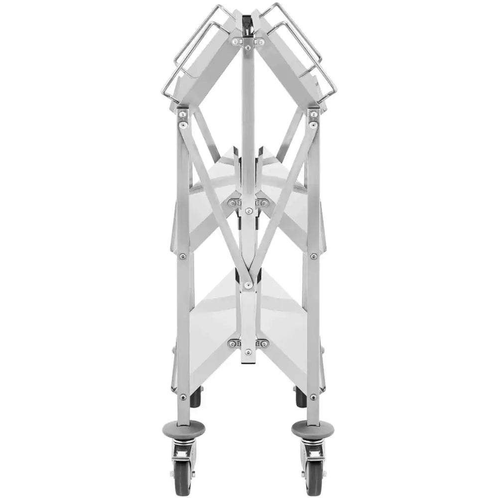 Sammenleggbar servitørvogn i rustfritt stål, sammenfelt frontvisning med synlige hjul og leddmekanisme.