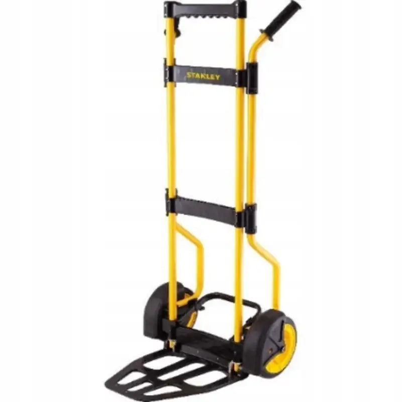 Sammenleggbar ståltralle i gul og svart, sett skrått forfra med store hjul og robust bunnplate.