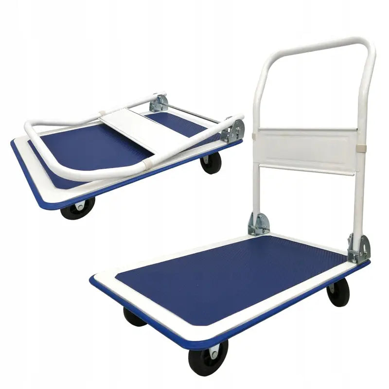 Sammenleggbar transport- og lagervogn, blå og hvit, vist både utslått og sammenlagt med metallramme.