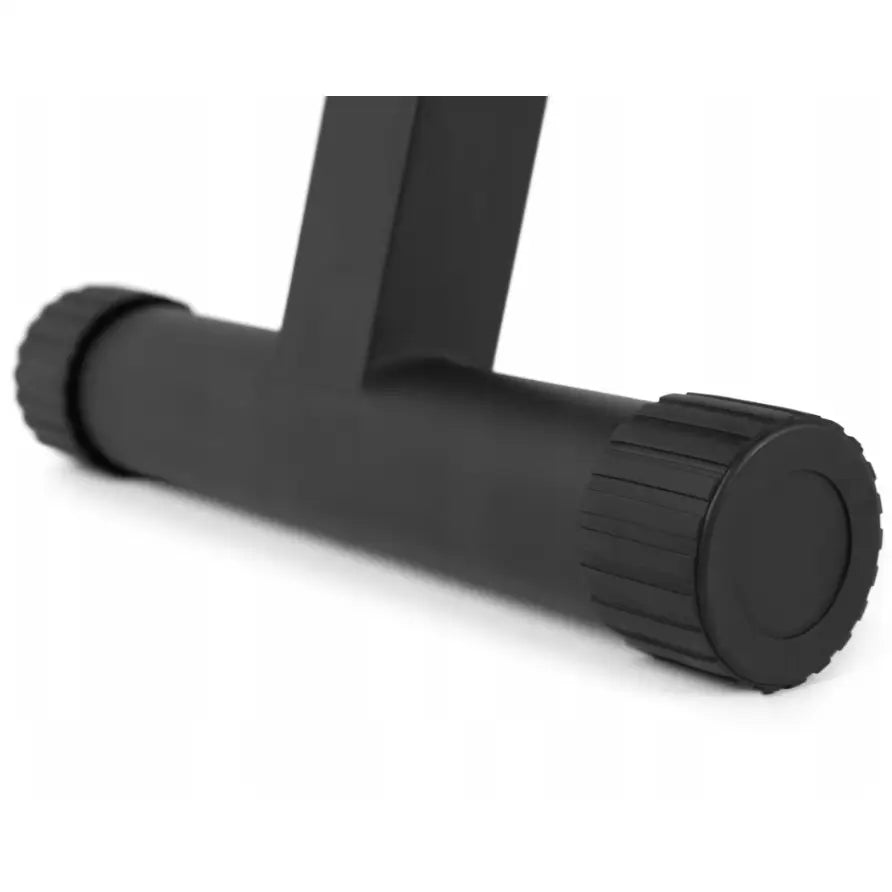 Sammenleggbar treningsbenk Zipro, nærbilde av sort metallrør med rillede plastikknotter og matt finish.