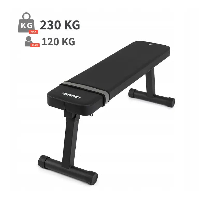 Sammenleggbar treningsbenk fra Zipro, sort polstring, vist fra siden med synlig vektangivelse.