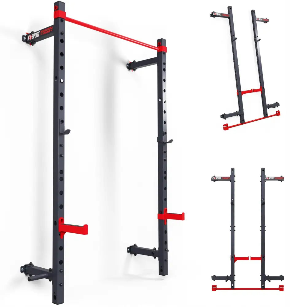 Sammenleggbar veggmontert rack MFX001, sort og rød metallramme med justerbare armer og hull for veggmontering.
