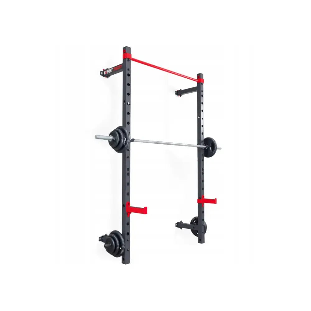 Sammenleggbar veggmontert rack i sort metall med røde detaljer, sidevisning med vektstang og vektskiver.