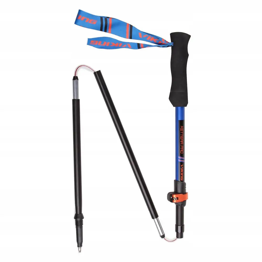 Sammenleggbar Viking Kettera Pro turstav i blått og svart, sidevisning med ergonomisk håndtak og blå håndreim.