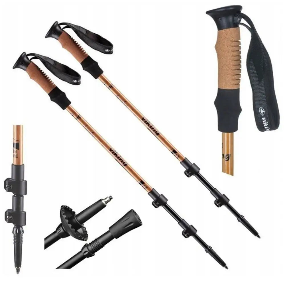 Sammenslåbare Viking Bambu turgåingsstaver, nærbilde av håndtak, lås og utskiftbare trinser og spisser.
