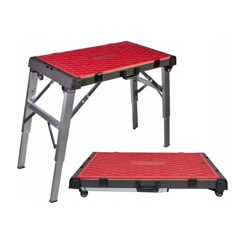 Sammenleggbart multifunksjons arbeidsbord Rubi 4-i-1, vist både oppslått og sammenlagt med røde detaljer.