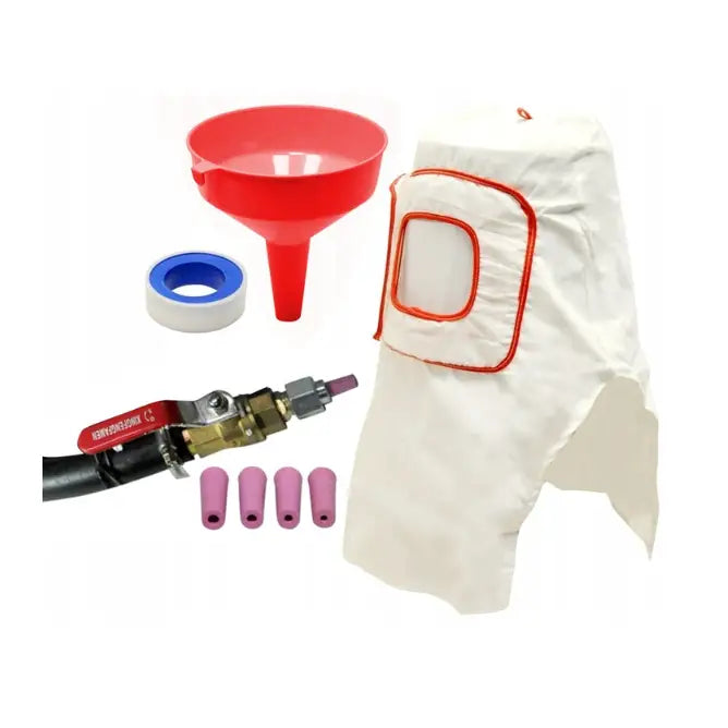 Sandblåser Mobil 40L sett vist ovenfra med rød trakt, hvit hette, rosa dyser, metallmunnstykke og slange.