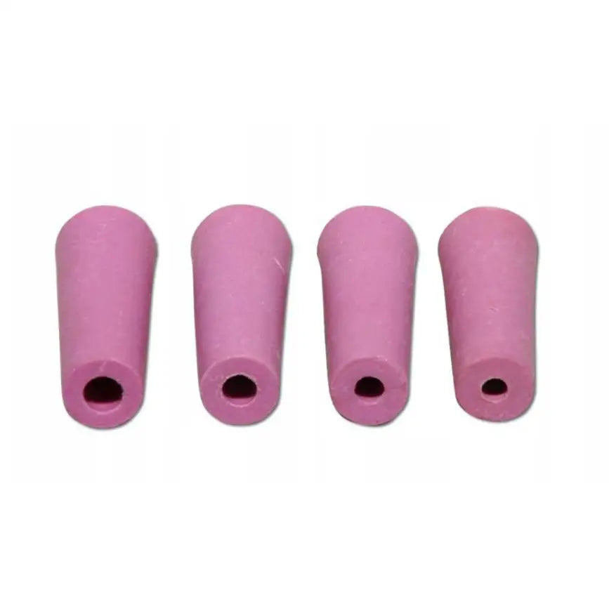 Fire rosa, koniske viskelær av gummi med hull i midten, frontvisning på hvit bakgrunn.