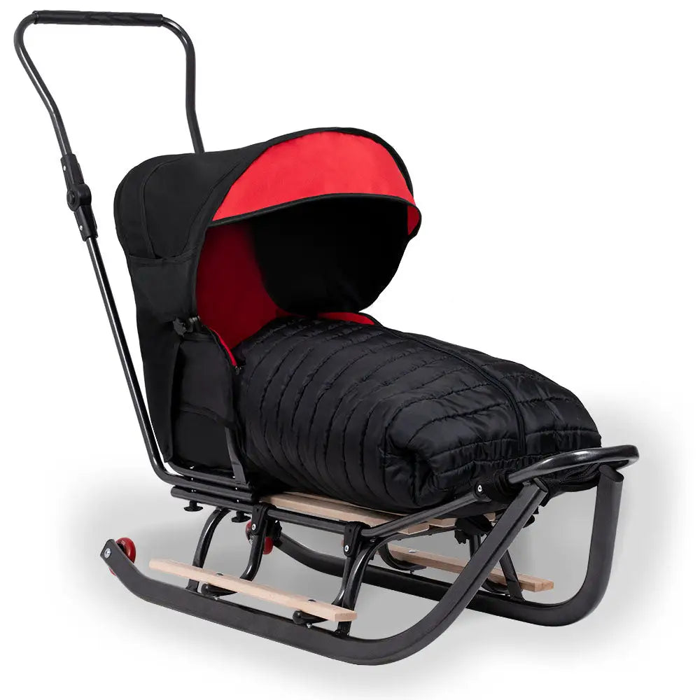 Sanki Complex_Pik Line barneslede med svart ramme, tretrinnbrett og polstret svart sovepose, rød kalesjeinnside.