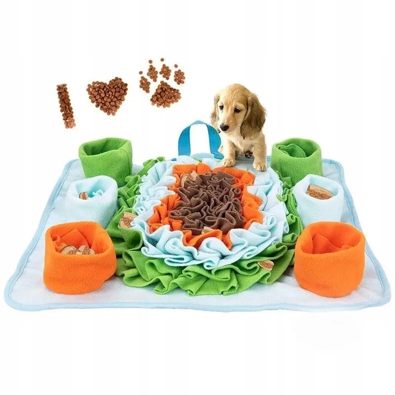 Sanselapp for hund og katt, aktivitetsmatte med fargerike fleecefelt, lommer for godbiter og praktisk bærehåndtak.