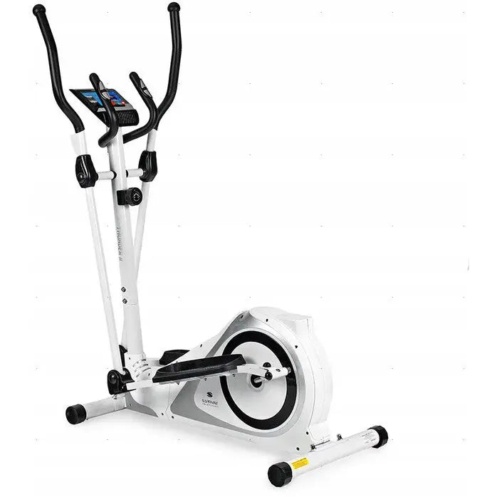 Ellipsemaskin Sapphire Sg-511E Thunder, hvit modell med sorte håndtak, display og brede pedaler sett fra siden.