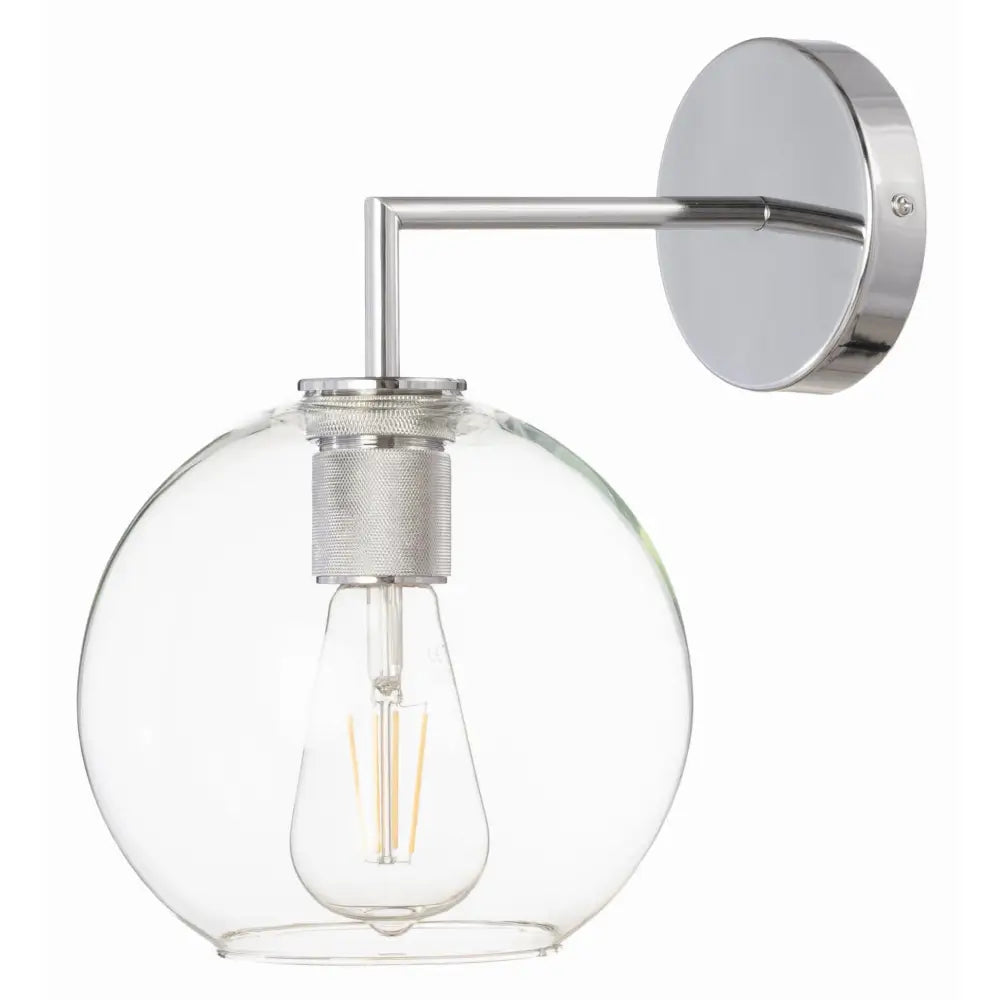 Sateng metallvegglampe Madrid med rund, klar glasskuppel og synlig lyspære, sett fra siden.