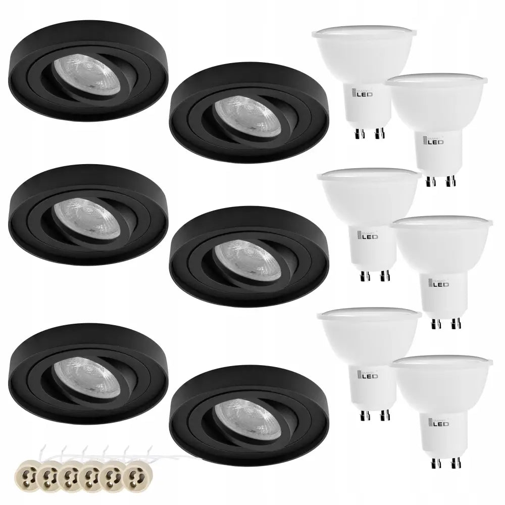 Sats med 6 sorte innfelte LED-spotlights med justerbare lamper, seks hvite GU10-pærer og sokler.