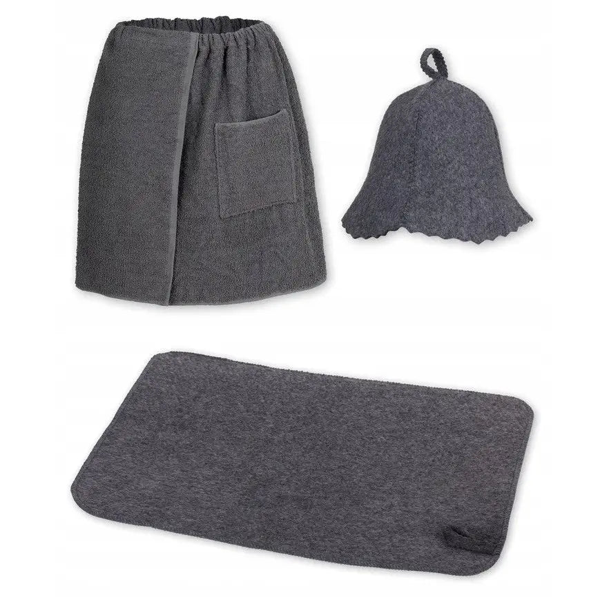 Sauna herreset i mørkegrått tekstil, med kilt med lomme, rektangulær matte og lue med hempe.