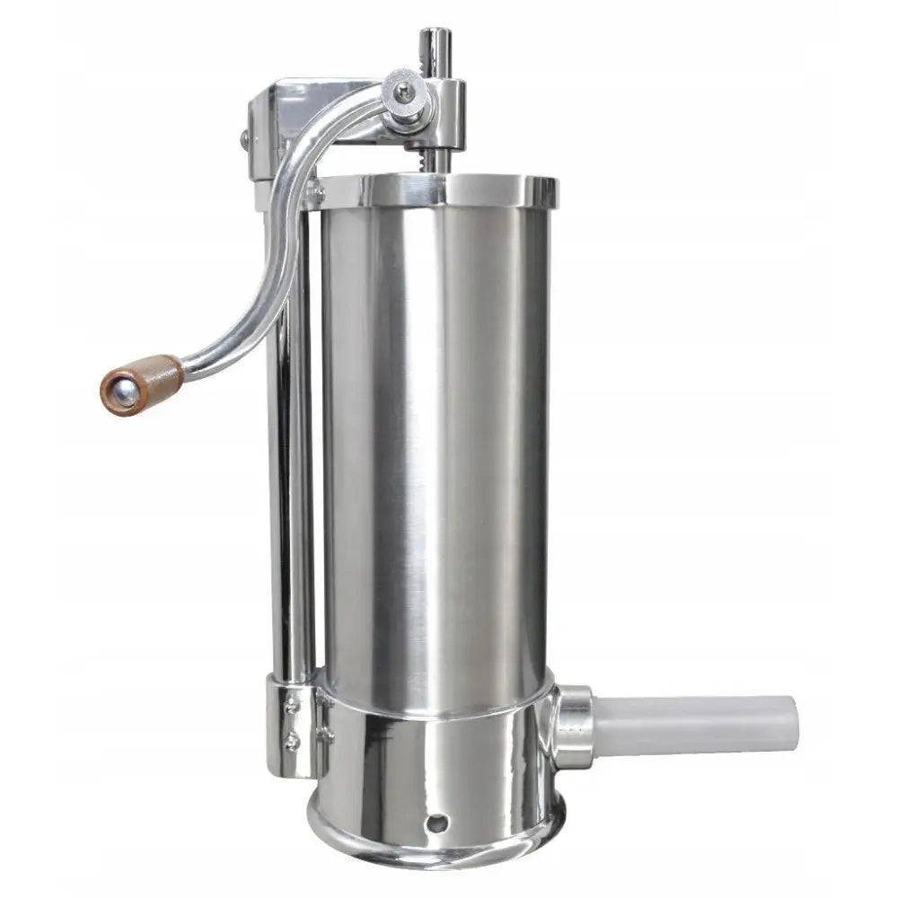 Sausestapper og kjøttsprøyte i rustfritt stål, sidevisning med trehåndtak og utløpstut til pølsefylling.