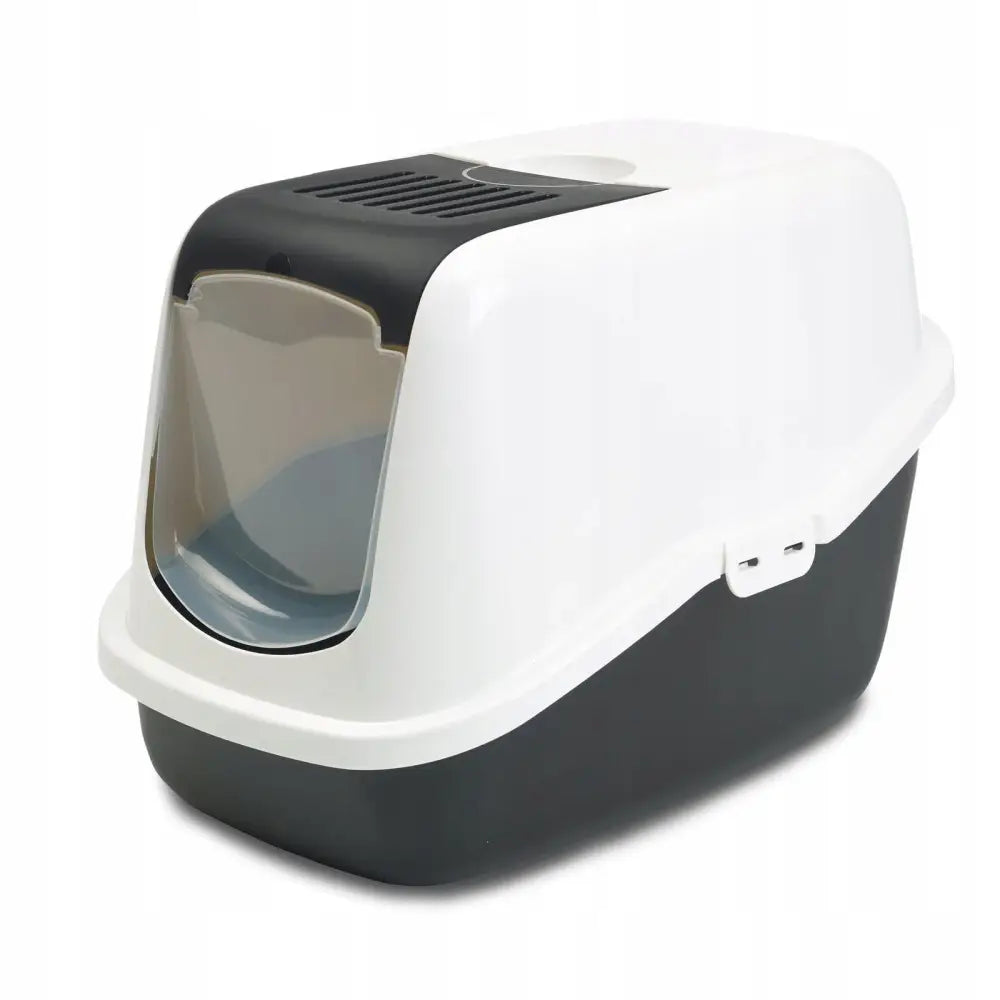 Savic lukket kattetoalett i hardplast med hvit topp, mørk bunn, svingdør og ventilasjonsrist, sett fra skrå vinkel.