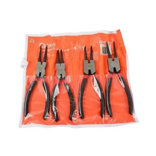 Seeger-tenger 200mm, fire tenger med svarte håndtak i plastemballasje mot oransje bakgrunn.