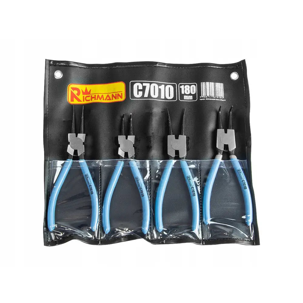 Tangsett med fire lyseblå håndtak, stående i sort etui med gjennomsiktige lommer, frontvisning.