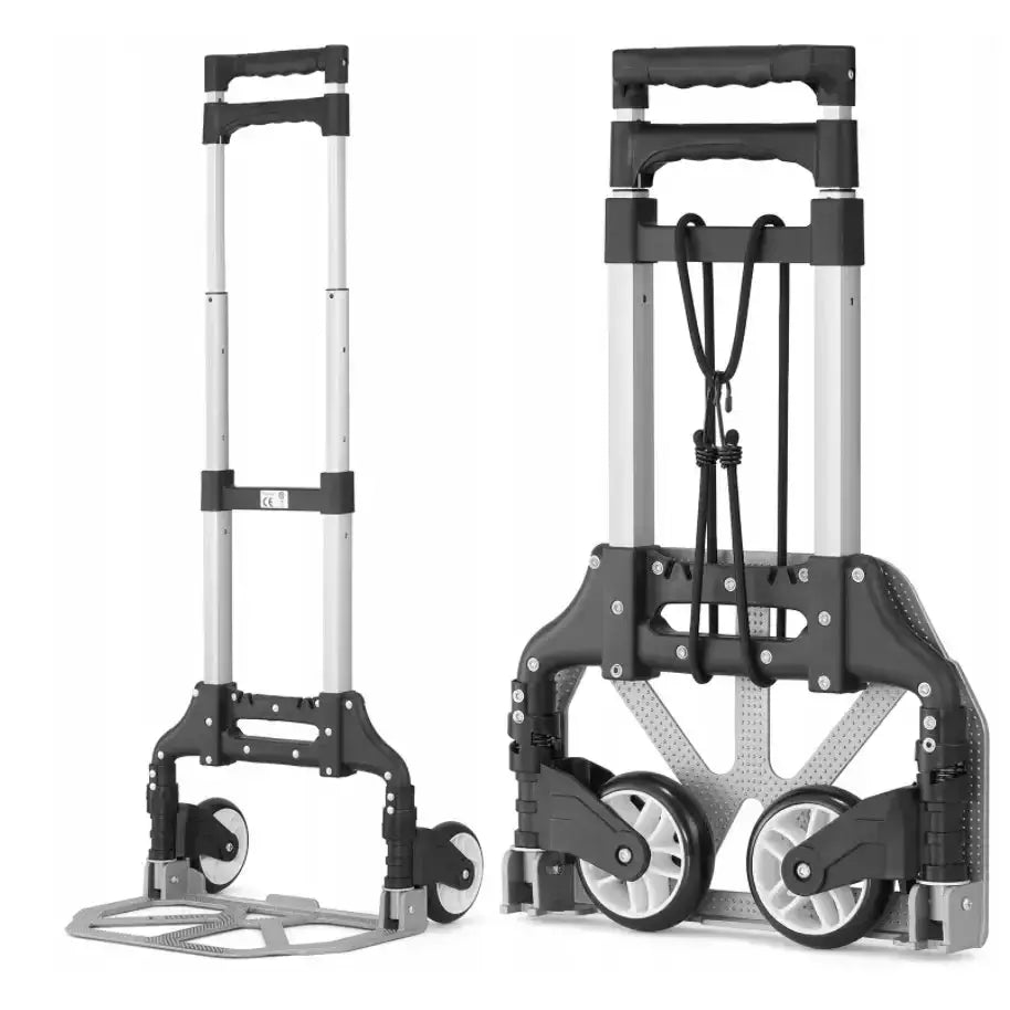 Sammenleggbar aluminiumstralle 70kg, vist både utbrettet og sammenlagt med store hjul og elastisk strikk.