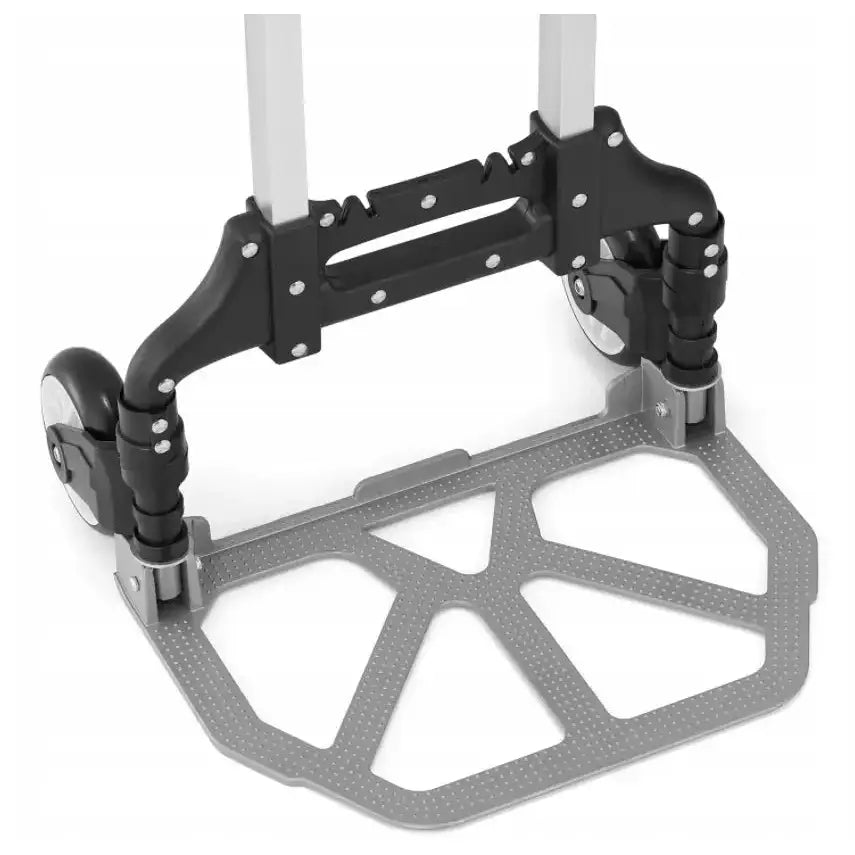 Sammenleggbar sekketralle i aluminium, sett ovenfra med fokus på hjulfester, håndtak og metallplattform.