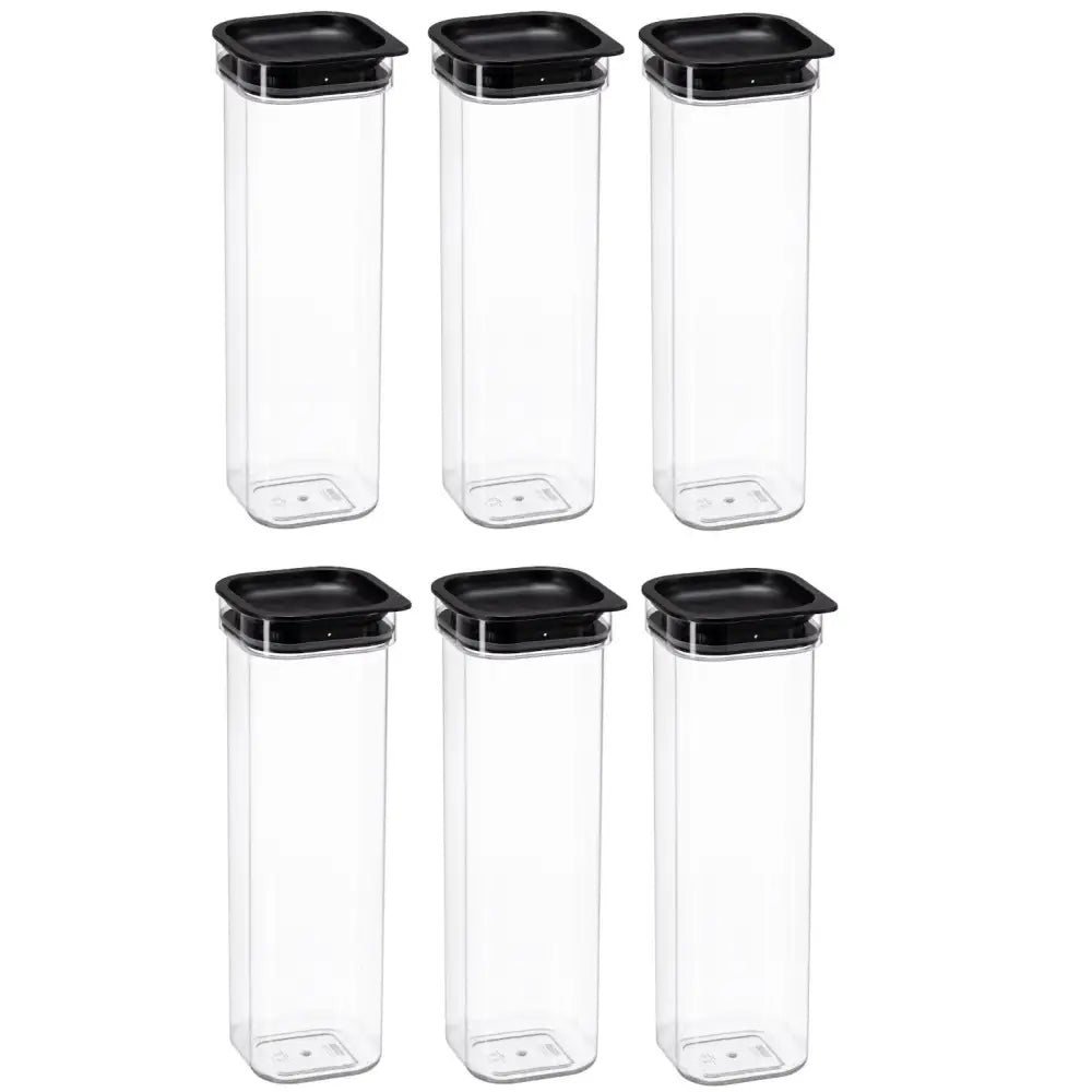 Seksdelers kjøkkenbeholdersett Hamburg, firkantede plastbokser med sorte lokk, frontvisning mot hvit bakgrunn.