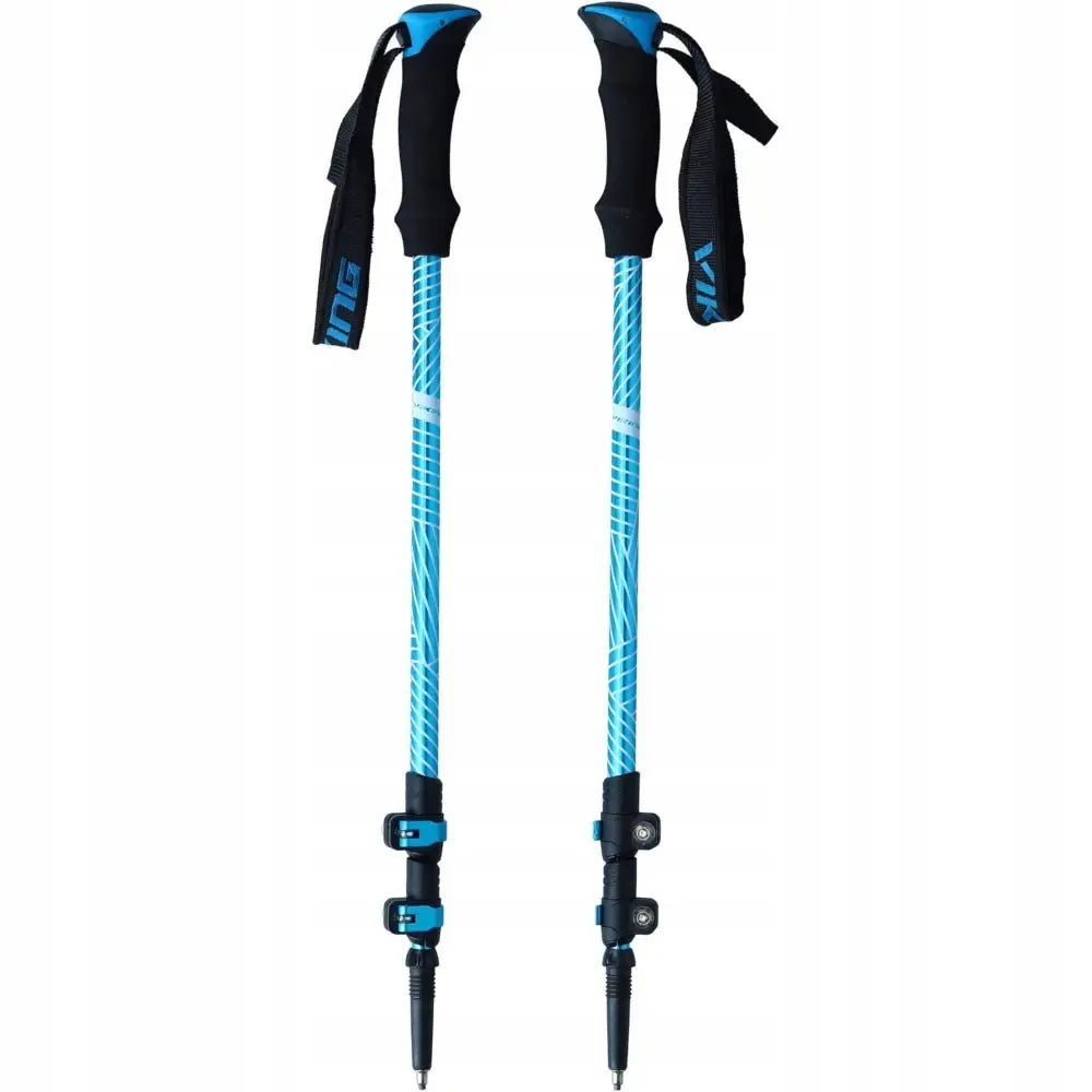Seksjonsoppdelte sammenleggbare trekkingstaver Shiva blå, frontvisning med justerbare låser og sorte ergonomiske håndtak.