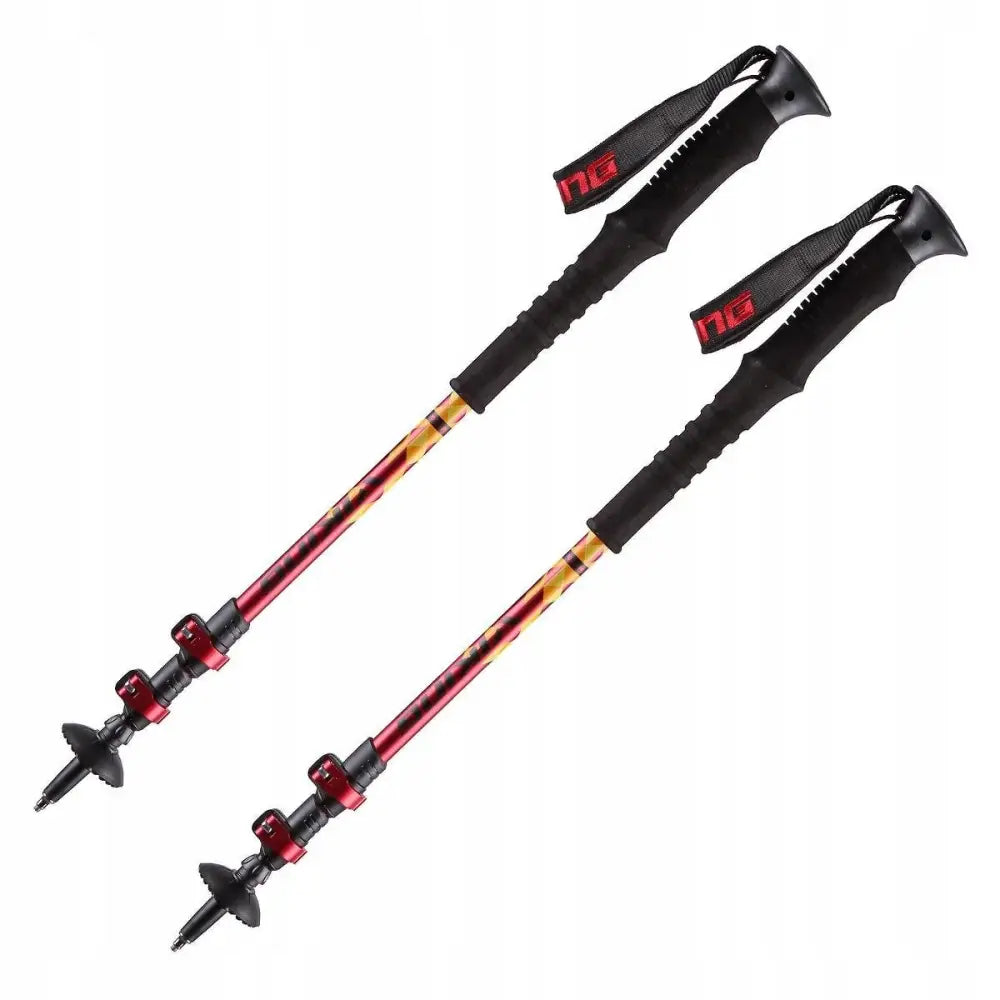 Seksjonsvandrestaver Lhotse, sammenleggbare teleskopstaver med sorte håndtak og røde detaljer, skrå oversikt.