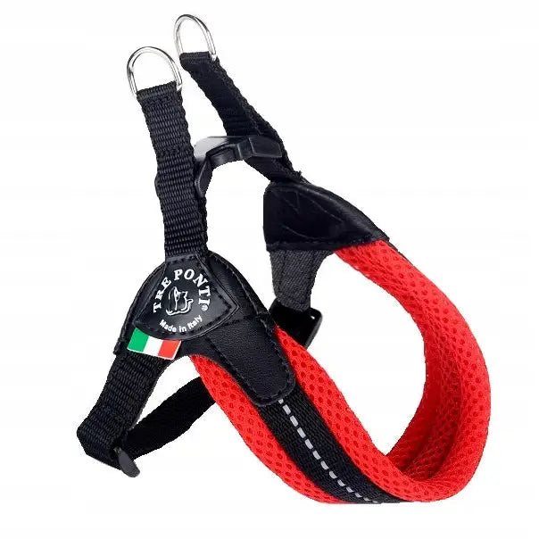 Sele for Fransk Bulldog L fra Tre Ponti i svart og rødt mesh, sidevisning med refleks og italiensk flagg-merke.
