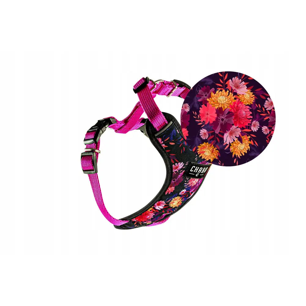Sele for Hund Guard Trykkfri Justerbare Str S, nærbilde av rosa stropper og fargerikt blomsterprint på sort nylon.
