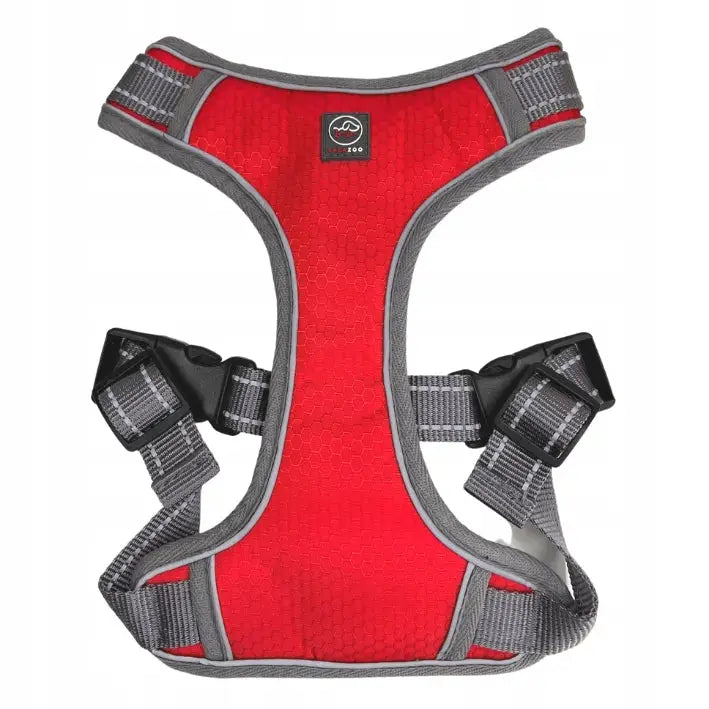 Sele for Hund Typen Guard Trykkfri Solid Grå S, frontvisning med røde og grå tekstilremmer, spenner og bikakemønster.