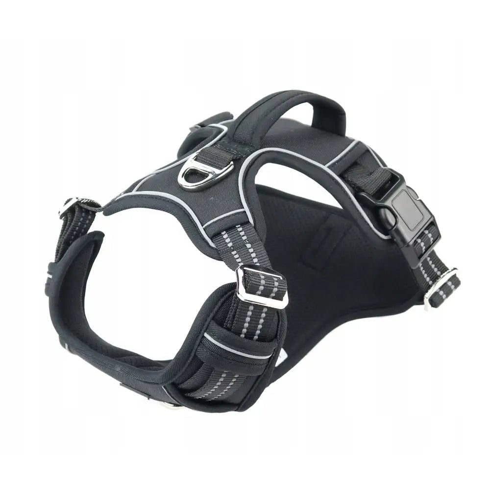 Seler for Hund Guard XL i sort nylon, skråvisning med reflekser, justerbare stropper, håndtak og metallring.