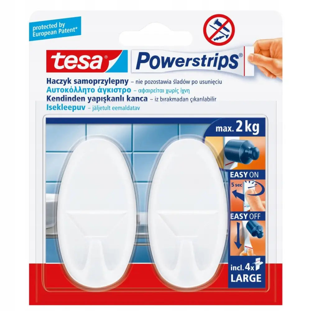 Selvklebende Powerstrips kroker, to store ovale hvite kroker i emballasje med vekt- og monteringsinfo.