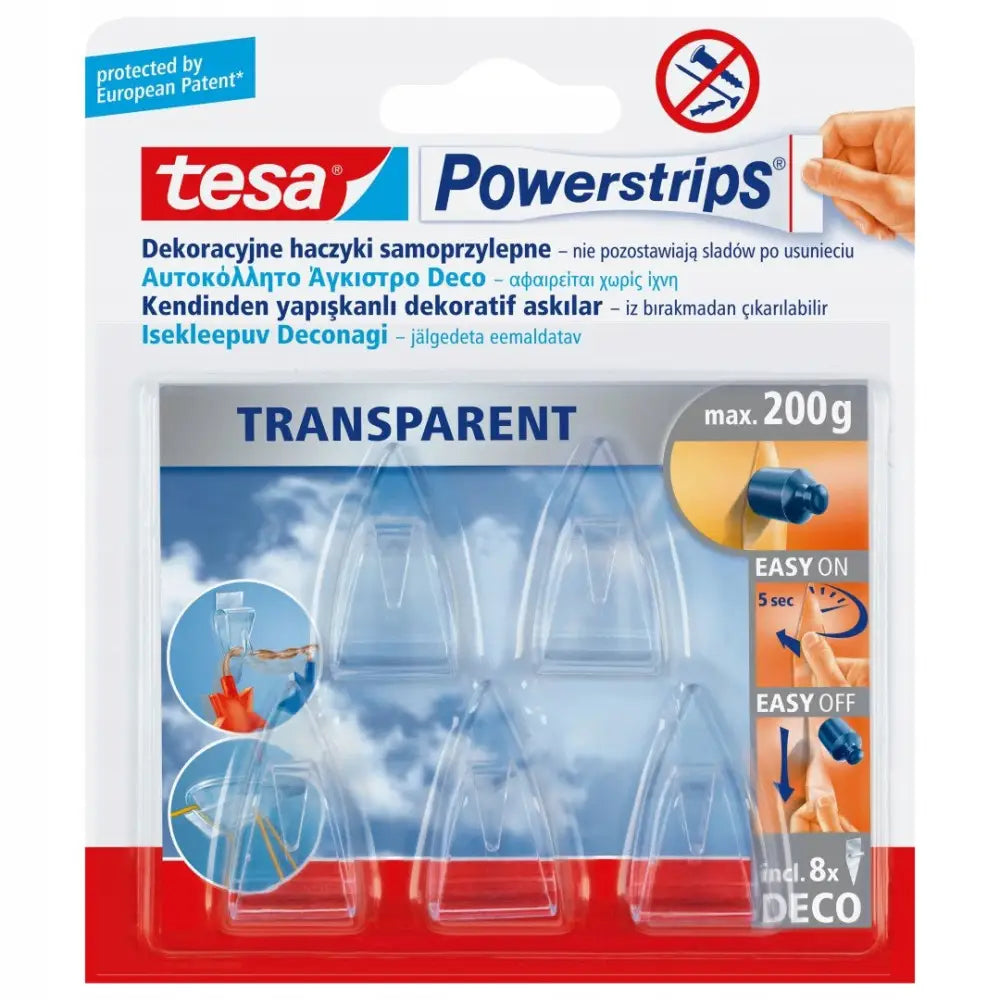 Selvklebende Powerstrips kroker, åtte trekantede kroker i klar plastemballasje med fargerik bakgrunn.