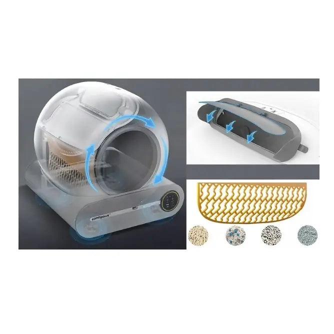 Selvrensende Smart Wifi Kattetoalett F054, fokus på filterdel, matte og granulater med blå luftstrømpiler i 3D-visning.