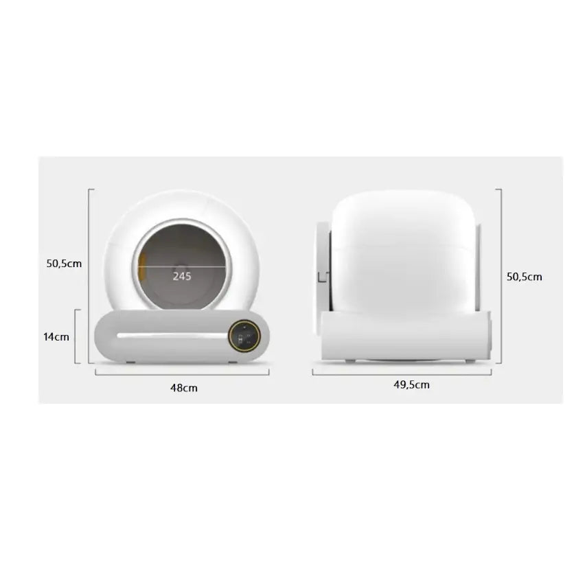Selvrensende Smart Wifi Kattetoalett F054, front- og bakside med mål, display og moderne hvit finish.