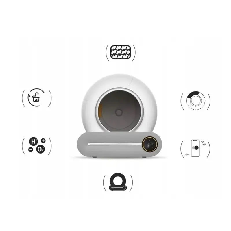 Selvrensende Smart Wifi Kattetoalett F054, frontbilde som fremhever rund åpning, digital skjerm og funksjonsikoner.