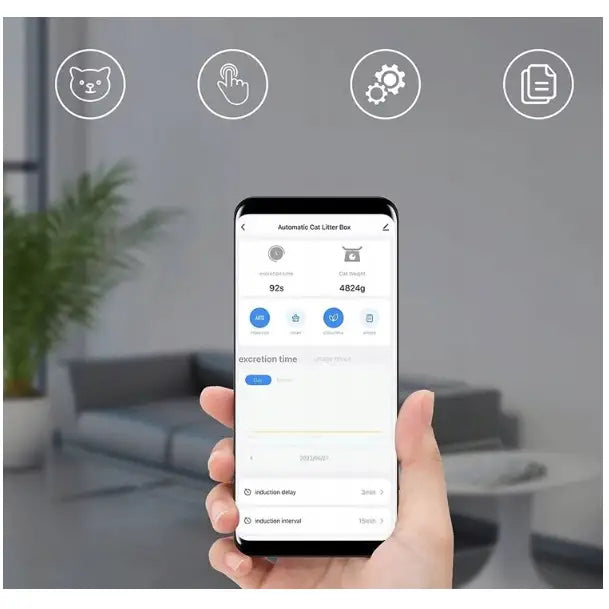 Selvrensende Smart Wifi Kattetoalett F054, styring via app på mobil i moderne stue med sofa og grønn plante.