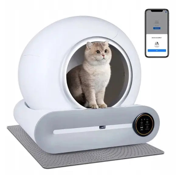 Selvrensende Smart Wifi Kattetoalett F054, katt bruker kattedo med synlig kontrollpanel, grå matte og mobilapp i bildet.