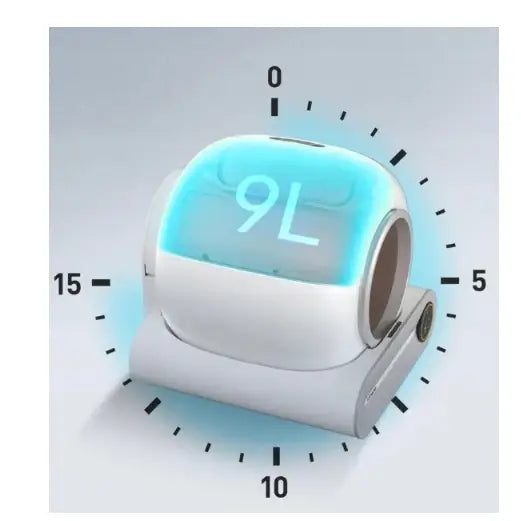 Selvrensende Smart Wifi Kattetoalett F054, skråvisning av hvit beholder med blå topp og tydelig 9L-merke.