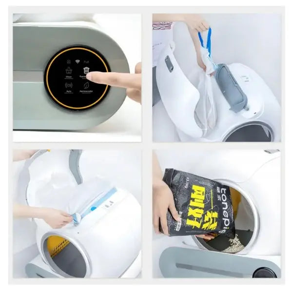 Selvrensende Smart Wifi Kattetoalett (F054), nærbilder av påfyllingsåpning, posebytte og betjeningspanel i bruk.