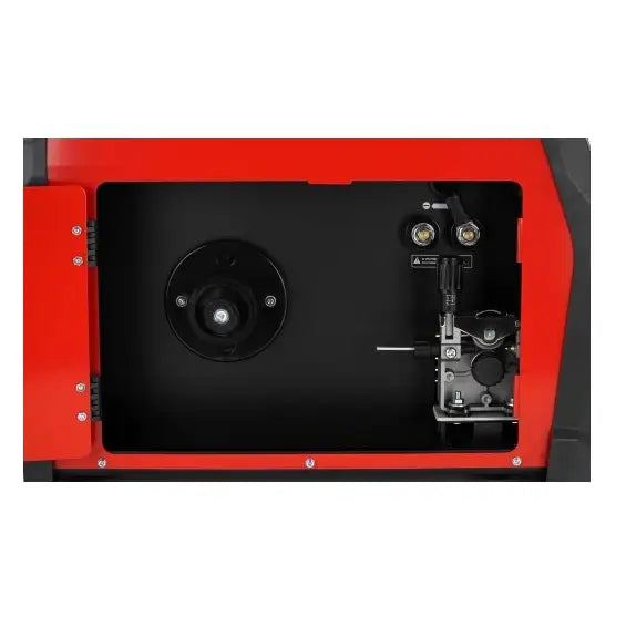 Semi-automatisk sveiseapparat, sidevisning med åpnet deksel som viser innvendige mekaniske detaljer og tilkoblinger.