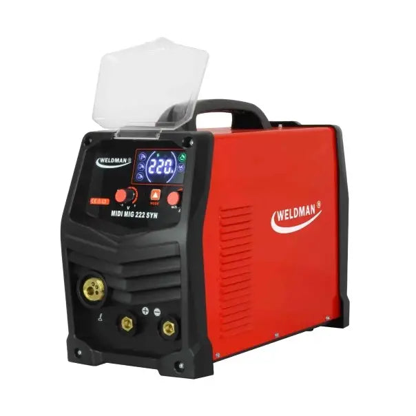 Sveiseapparat Weldman Midi Mig 222, skrå forfra med synlig digitalt display, knapper og beskyttelseslokk.