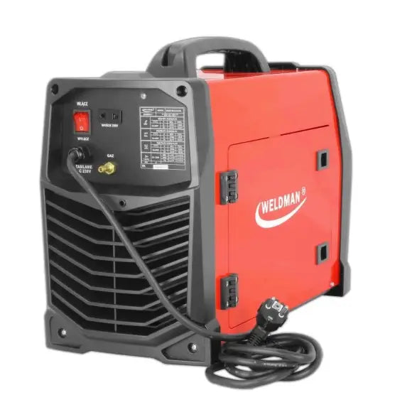 Semi-automatisk sveiseapparat fra Weldman, skrå frontvisning med synlig betjeningspanel, håndtak og logo.