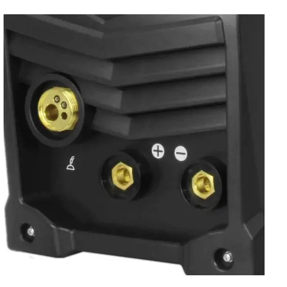 Sveiseapparat Weldman Midi Mig 222, nærbilde av front med messingtilkoblinger og tydelig merkede poler.