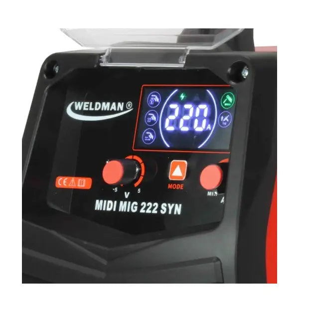Digitalt kontrollpanel på Weldman Midi Mig, LED-display med "220", to røde dreieknapper og oransje MODE-knapp.