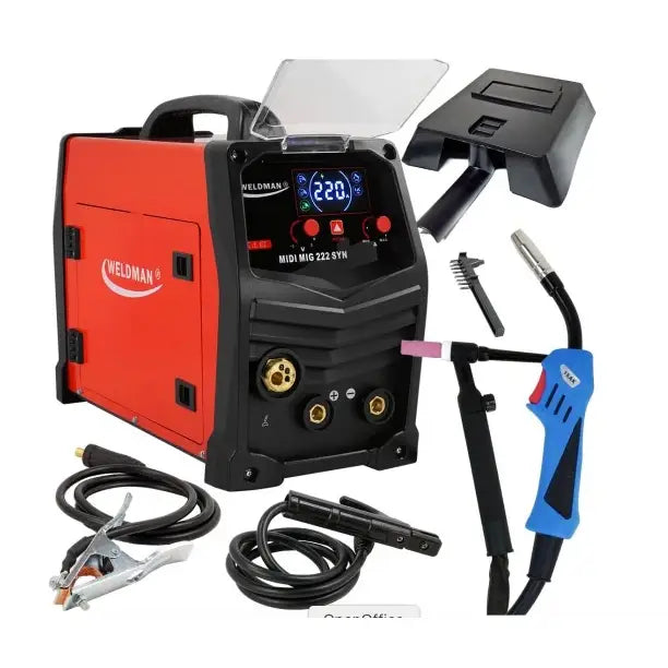 Semi-automatisk sveiseapparat med digitalt display, tilbehør som sveisehjelm, kabler og blå pistol.